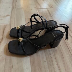 Black Phoebe Strappy Ball Ornament Block Heel Sandals with Gold Accent